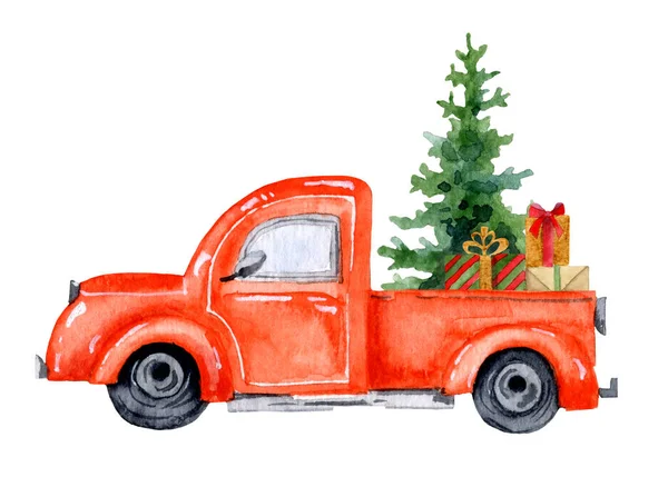 Aquarell Roter Oldtimer Lkw Mit Weihnachtsbaum Und Geschenken Handgezeichnete Illustration — Stockfoto