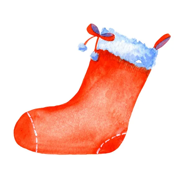 Akwarela Ręcznie Rysowane Red Christmas Wiszące Skarpetki Prezent Ilustracja Nowego — Zdjęcie stockowe