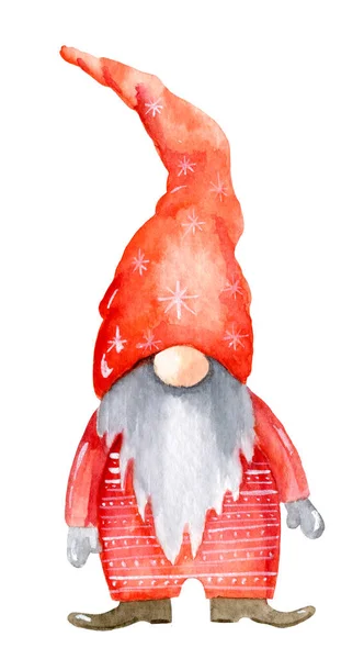 Watercolor Christmas Cute Gnome Red Cap Hand Painted Illustration White — Stock Photo, Image