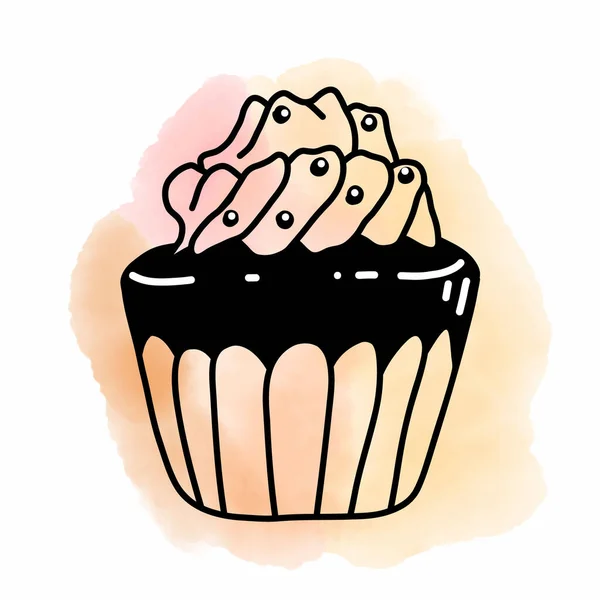 Illustration Vectorielle Cupcake Avec Tache Aquarelle Rose Clair Croquis Dessiné — Image vectorielle