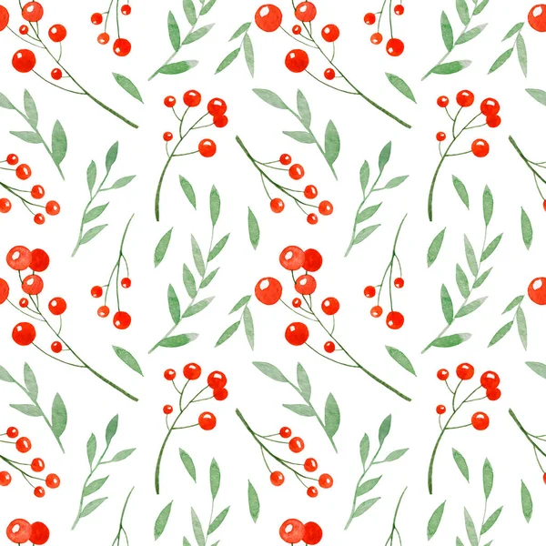 Watercolor pattern with red berry and green leaves — Stock Photo, Image