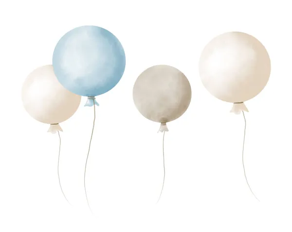 Set Cute Colorful Watercolor Balloons Hand Drawn Illustration Blue Cream — Stock Photo, Image