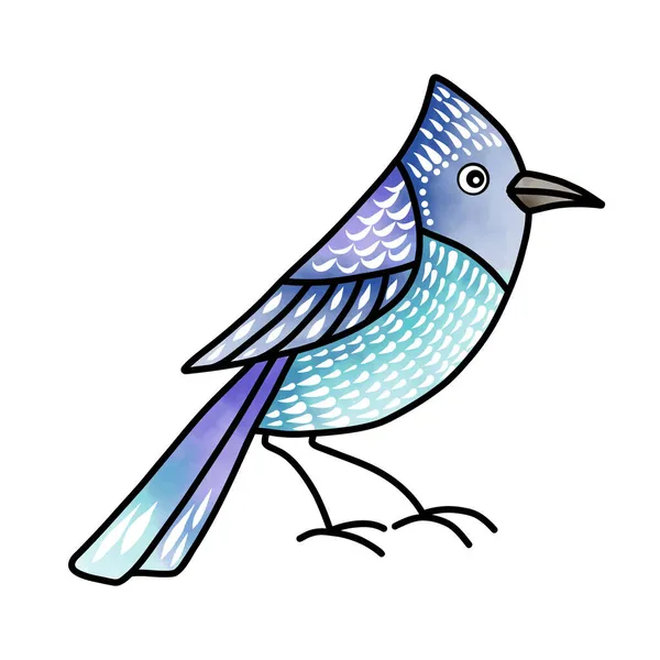 Mały Ładny Niebieski Ptak Białym Tle Ręcznie Rysowane Wektor Ilustracja — Wektor stockowy