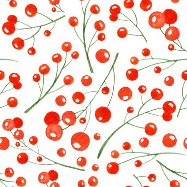 Kırmızı böğürtlenli suluboya desenli. Paket kağıdı veya arkaplan olarak çobanpüskülü dalları ile el çizimi Arkaplan