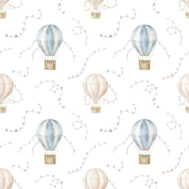 Mavi ve pembe hava balonları ve çelenklerle suluboya desensiz. Bebek tekstil için el boyaması arka plan