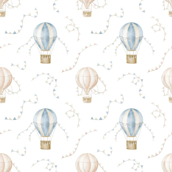 Watercolor Seamless Pattern Blue Pink Air Balloons Garlands Hand Painting — Stock Photo, Image