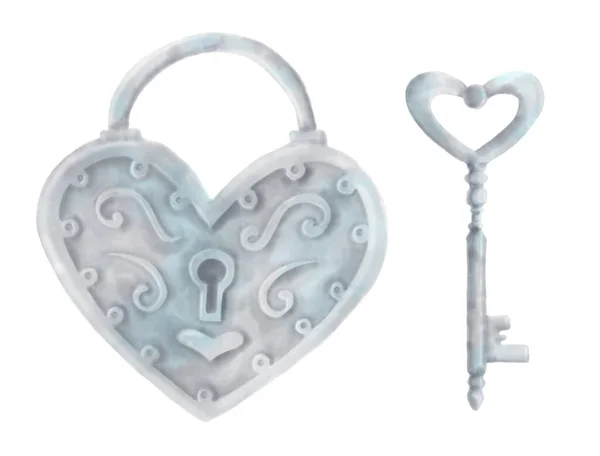 Watercolor Heart shape Lock and Key — Stock Photo, Image