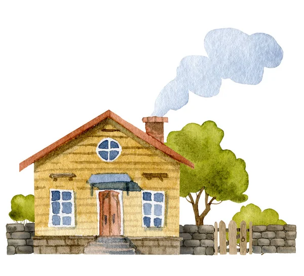 Cute little Watercolor House with tree and fence — 图库照片