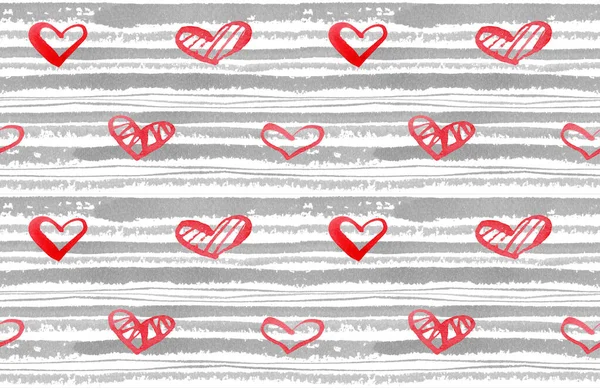 Wzór bezszwowy akwarela z szarymi paskami i czerwonymi sercami — Zdjęcie stockowe
