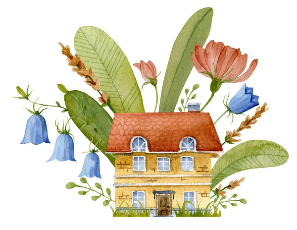 Fantasy watercolor House with Flowers — Stock Photo, Image