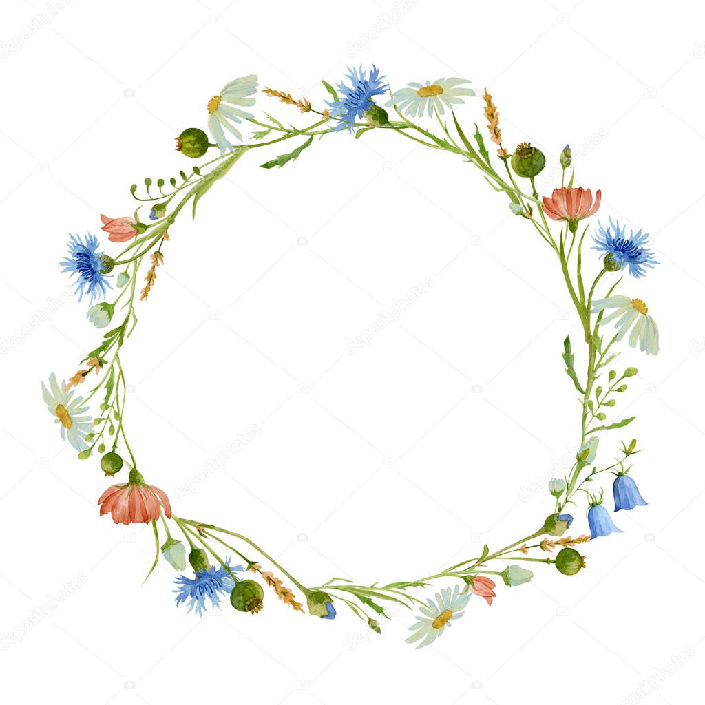 Watercolor Floral Wreath with wild herbs