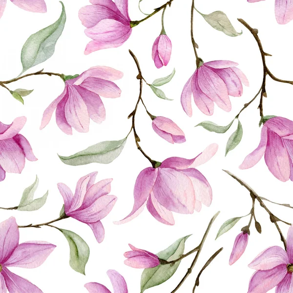 Цветочный Акварель Бесшовный Узор Розовая Магнолия Цветочные Иллюстрации Текстильного Дизайна — стоковое фото