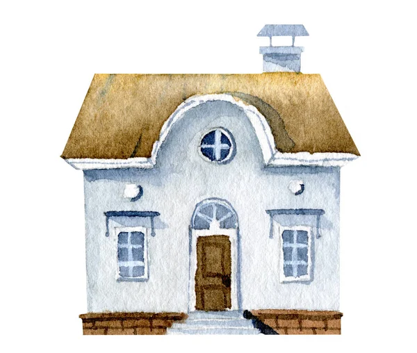 水彩画手绘旧房子 白色背景的老式蓝色小屋的素描 带有经典窗户和木门的建筑物 — 图库照片