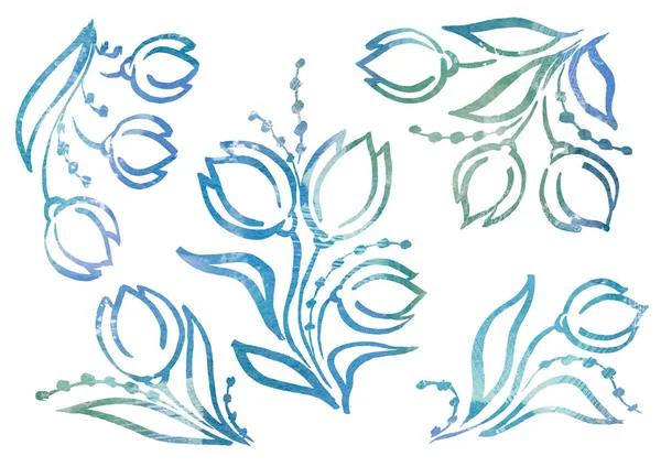 Beyaz arkaplandaki çizgi sanatı tarzında suluboya elementler. Suluboya mavi, yeşil ve turkuaz lale ve yaprak — Stok fotoğraf