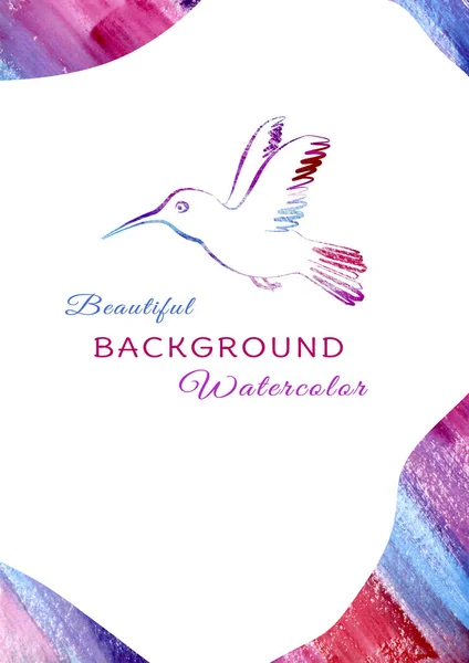 Artística hecha a mano Acuarela fondo multicolor con pájaro en el estilo de arte de línea. Púrpura, azul, naranja, rojo, rosa y violeta. tarjeta de felicitación colorida con colibrí de silueta — Foto de Stock