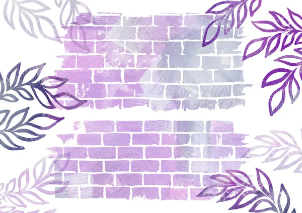 水彩斑斓的砖墙纹理和叶子元素在白色背景上。紫红色、灰色和紫色水彩画渐变砖 — 图库照片