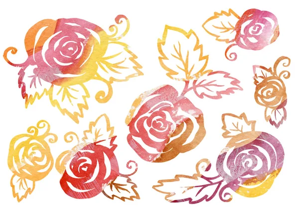 水彩白い背景にラインアートのスタイルで花の要素のセット。オレンジ、黄色、茶色、赤バラと葉 — ストック写真
