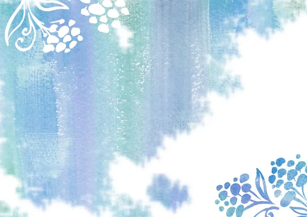 蓝白线条艺术叶和花在水彩画抽象背景.浅绿色和青绿色斑点和下降纹理.包装和网页的背页 — 图库照片