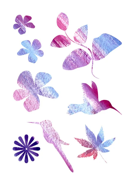 Künstlerische handgefertigte Aquarellvogel und florale Elemente auf weißem Hintergrund. Lila, rosa, blau und violett. Aquarell farbenfroher Kolibri mit ausgebreiteten Flügeln, Blatt und Blütensilhouette — Stockfoto