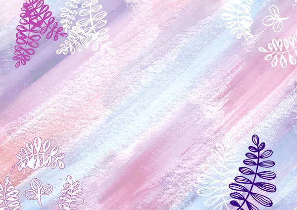 水彩画抽象背景与花卉元素。白色、蓝色、粉色、米黄色和紫色水彩斑纹质感.包装和网页的背页 — 图库照片