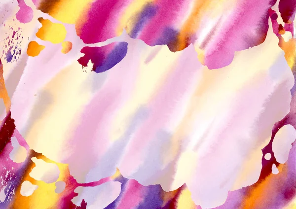 Tinta aquarela abstrata multicolorida Fundo. Amarelo, laranja, rosa, violeta e roxo Spots e salpicos Blobs textura. Fundo de aquarela de ponto de vista para embalagem e web — Fotografia de Stock