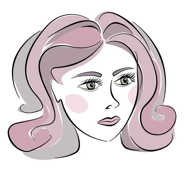 Belles femmes visage avec les yeux ouverts et les cheveux bouclés. Illustration de mode multicilore sur fond blanc. Couleurs rose, marron et gris — Photo