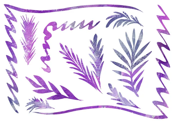 Akvarell Uppsättning av design Blommiga element för ramar i stil med linje konst på en vit bakgrund. violett, lila, grå och lila färger löv — Stockfoto