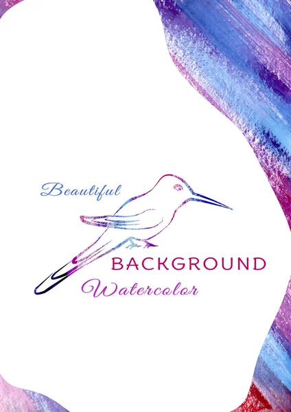 Artística hecha a mano Acuarela fondo multicolor con pájaro en el estilo de arte de línea. Púrpura, azul, naranja, rojo, rosa y violeta. tarjeta de felicitación colorida con colibrí de silueta — Foto de Stock
