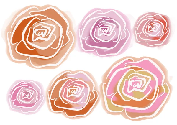 Zestaw kwiatowy element w stylu sztuki linii na białym tle. Różowy, fioletowy, fioletowy, pomarańczowy, beżowy, brązowy i czerwony pączek róży — Zdjęcie stockowe