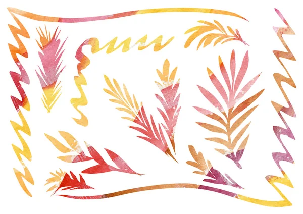水彩画集设计的花卉元素框架的风格线条艺术的白色背景。黄色、红色、棕色和橙色叶子 — 图库照片