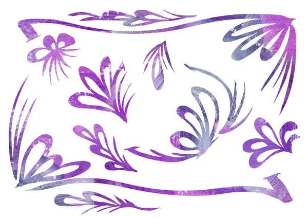 Akwarela Zestaw elementów projektowych do ram w stylu sztuki liniowej na białym tle. fioletowy, fioletowy, szary i liliowy kolor — Zdjęcie stockowe