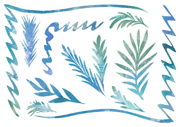 Beyaz arkaplandaki çizgi sanatı tarzında çerçeveler için suluboya dizayn edilmiş çiçek unsurları. Yeşil, mavi ve turkuaz renk eğimli yaprak — Stok fotoğraf