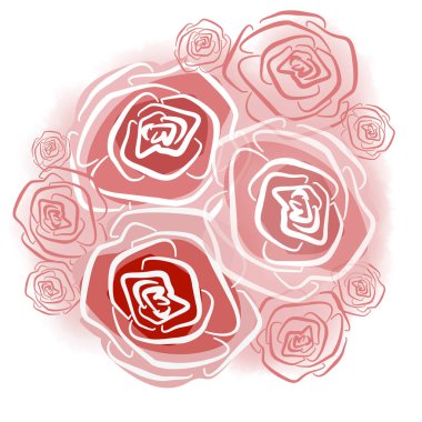 Beyaz arka planda çizgi sanatının çiçek unsuru. Pembe ve kırmızı güller bukette tomurcuklanır