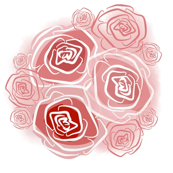 Floral element in the style of line art on a white background. Pink and red roses bud in bouquet — Stock Photo, Image