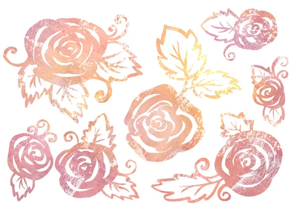 Watercolor Set of Floral elements in the style of line art on a white background (англійською). Браун, бежева, жовта троянда і листок. — стокове фото