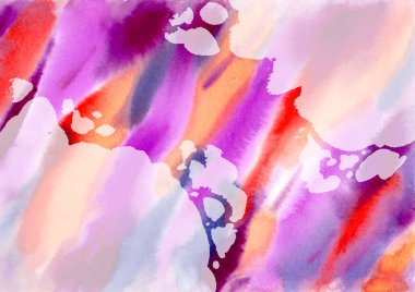 Suluboya, soyut, çok renkli arka plan. Turuncu, pembe, menekşe ve mor lekeler ve damlacıklar dokusu. Paketleme ve web için Spot 'un suluboya arkaplanı