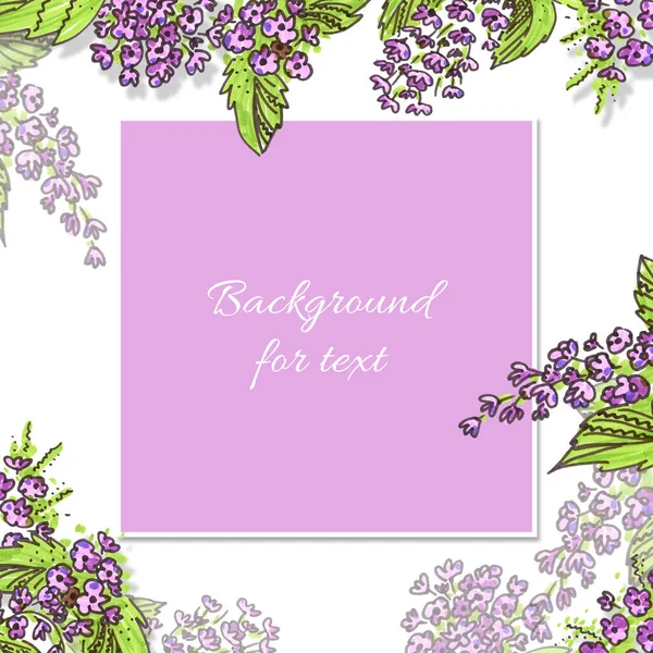 Plantilla de fondo para vacaciones con marco de texto de color rosa cuadrado en el centro. Pluma de fieltro flor violeta con elementos de hoja verde en el estilo de arte de línea para banners web. — Foto de Stock