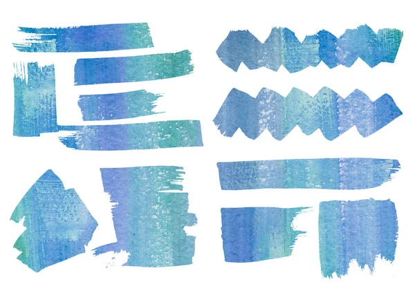 Suluboya sanatsal el yazması çizim seti mavi, yeşil, turkuaz ve menekşe lekeleri ve sıçrama. Beyaz arkaplandaki suluboya çerçeve soyut elementler. Bilgi, manga ve katalog — Stok fotoğraf