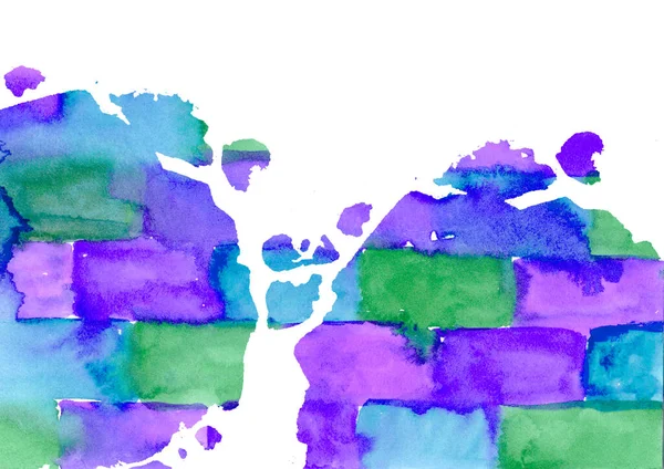 Astratto Acquerello multicolore mattone muro strutturato cerchio Bionde su sfondo bianco. Colori primavera ed estate. Disegnato a mano blu, verde e turchese, viola e viola due grandi Blobs. Splash screziato in — Foto Stock