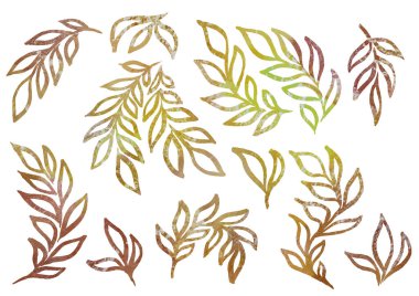 Beyaz arkaplandaki çizgi sanatı tarzında suluboya elementler. Suluboya kahverengi ve yeşil eğimli yaprak