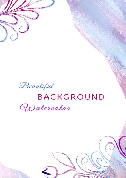 Konstnärlig handgjorda akvarell flerfärgad bakgrund med blommiga inslag i stil med linje konst. Lila, blå, beige, rosa och violetta färger. färgglada hälsning eller bröllopskort — Stockfoto
