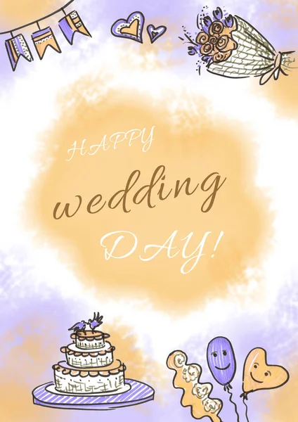Vorlage Postkarte Hintergründe für Hochzeitsfeier im Cartoon-Stil auf orangefarbenem Hintergrund mit Kuchen, Fahnen und Rosenstrauß. Doodle mit Filzstift gezeichnet. Bunte Torte, Herzsymbol und Luftballons — Stockfoto