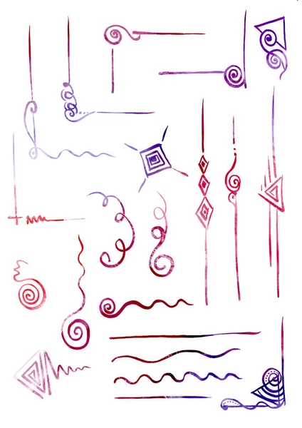 Művészi kézzel készített akvarell multikolor keret elemek a stílus a line art. Lila, vörös és lila színek. Akvarell színes elem fehér háttér — Stock Fotó
