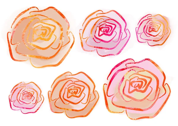 在白色背景上设置线条艺术风格中的花卉元素。粉红色、橙色、红色和米黄色的玫瑰芽 — 图库照片