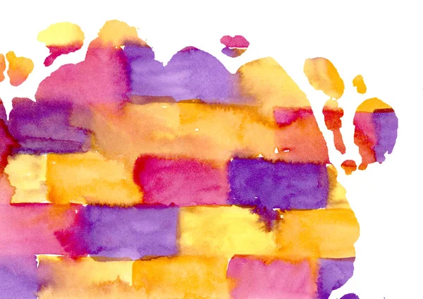 Astratto multicolore Acquerello cerchio arcobaleno Bionde su sfondo bianco. Disegnato a mano giallo, rosso e arancione, viola e viola Blobs. Mattone parete strutturata Splash nella carta — Foto Stock