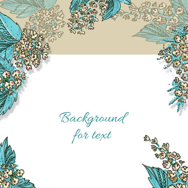 Template Background for Holidays. White Backgrounds for text. Felt pen blue, beige and turquoise flower with leaf elements in the style of line art for web banners.