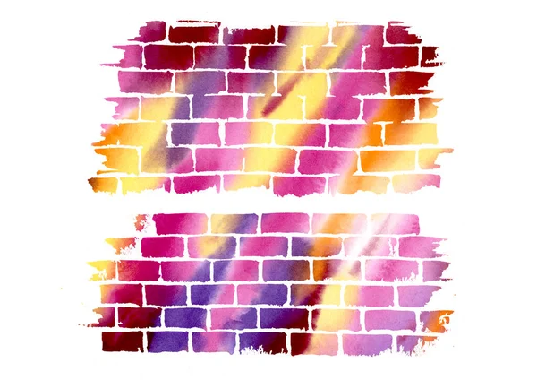 Watercolor multicolored Brick wall texture on white background. Violet, orange, yellow, pink and red Watercolour gradient Bricks