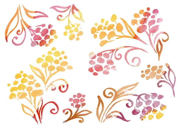 Aquarell Set von Floral Flower Elementen im Stil der Linienkunst auf weißem Hintergrund. Herbstgelbe, braune, rote und orangefarbene Blumen — Stockfoto