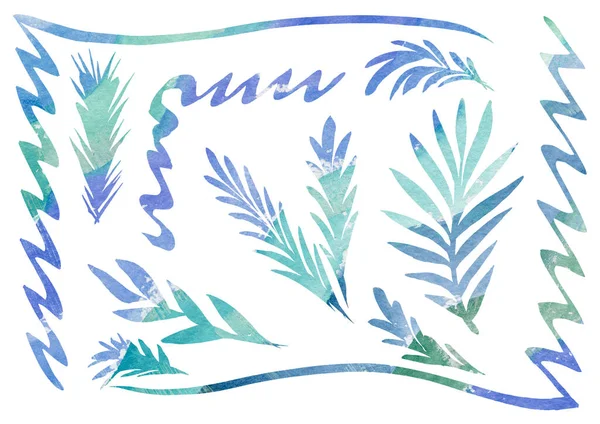 Akvarell Uppsättning av design Blommiga element för ramar i stil med linje konst på en vit bakgrund. Blå och turkos lutning färger löv — Stockfoto