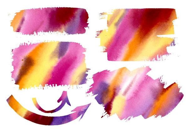 Acquerello Freccia disegno a mano libera. Set frecce ad acquerello arancioni, rosse, gialle, viola, cornice, elemento. Infografica, Catalogo, sfondo. — Foto Stock